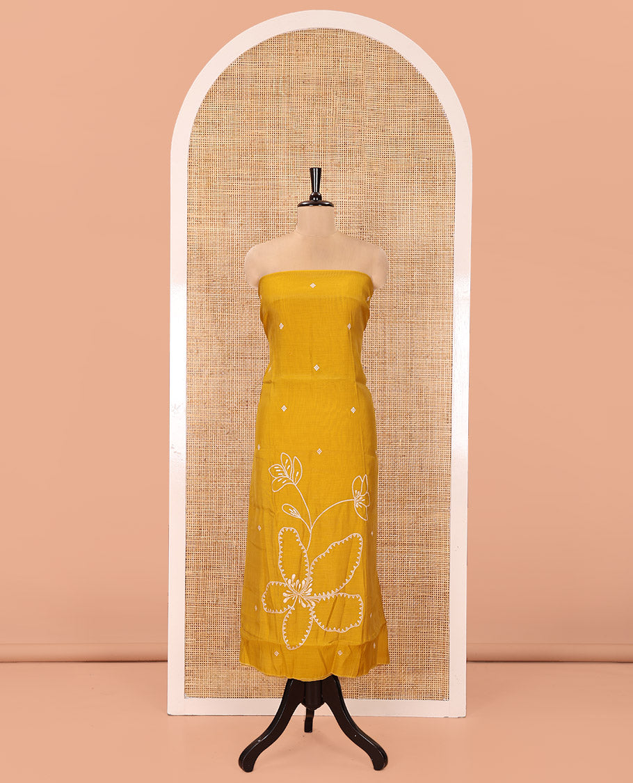 Mustard Mul Chanderi Designer Material Chudidar Set, Meticulously Woven with Big Floral Motifs Embroidered On Its Top, A Plain Santoon Bottom, and Paired with a Mul Chanderi Scallop Thread Embroidered Dupatta