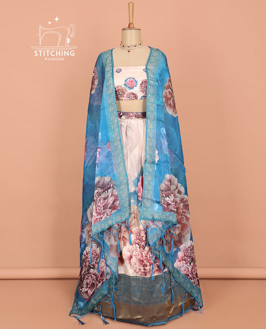Multi-color floral printed art silk half saree, contrast traditional border, jacquard blouse & floral printed dhavani