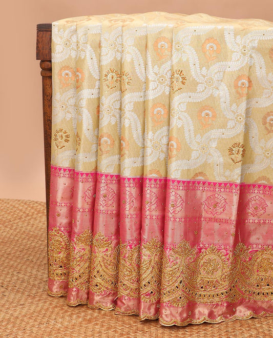 Sandal floral jacquard vastrakala silk saree with stone work, contrast floral stone work scallop border & floral design in stone work pallu