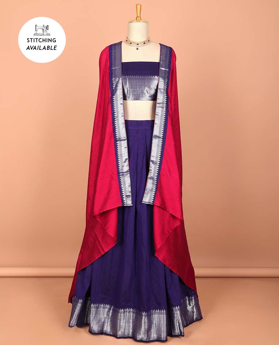 Violet cotton half saree with contrast zari border, plain blouse & plain with zari border dhavani