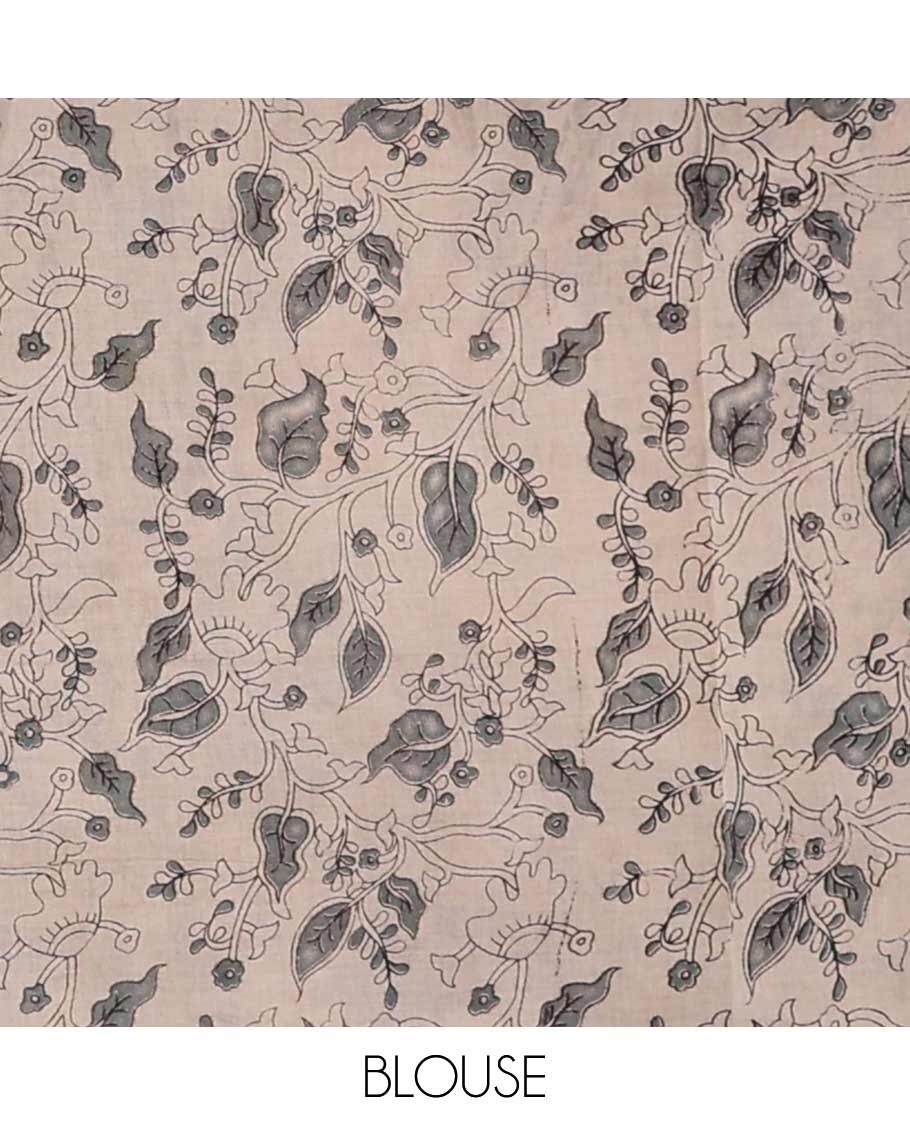 Black floral vine machine printed kalamkari cotton saree with contrast intricate design border & animal design pallu