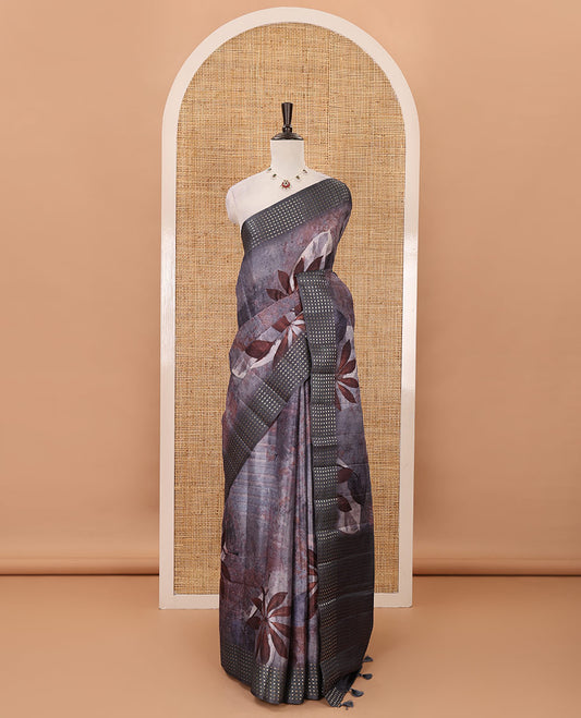 Grey floral-leaf eco-digital printed fancy tussar saree, zari border, pallu of dobby-style buttas & matching blouse of print & zari work
