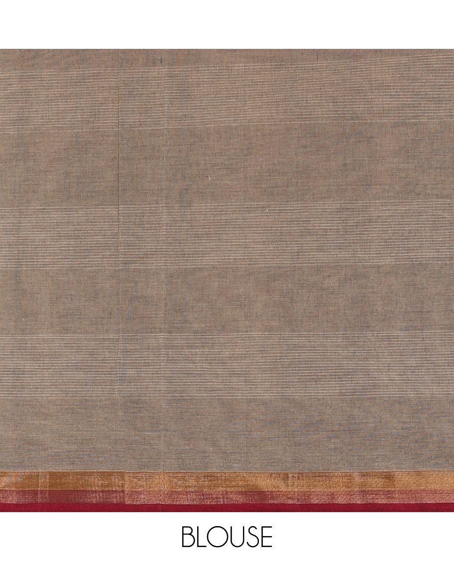 Brown striped Coimbatore cotton saree, with buttas,  contrast border & pallu of intricate designs