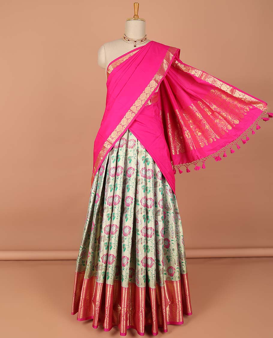 Green floral design art-silk half saree, contrast traditional zari border, zari design blouse & floral zari design dhavani