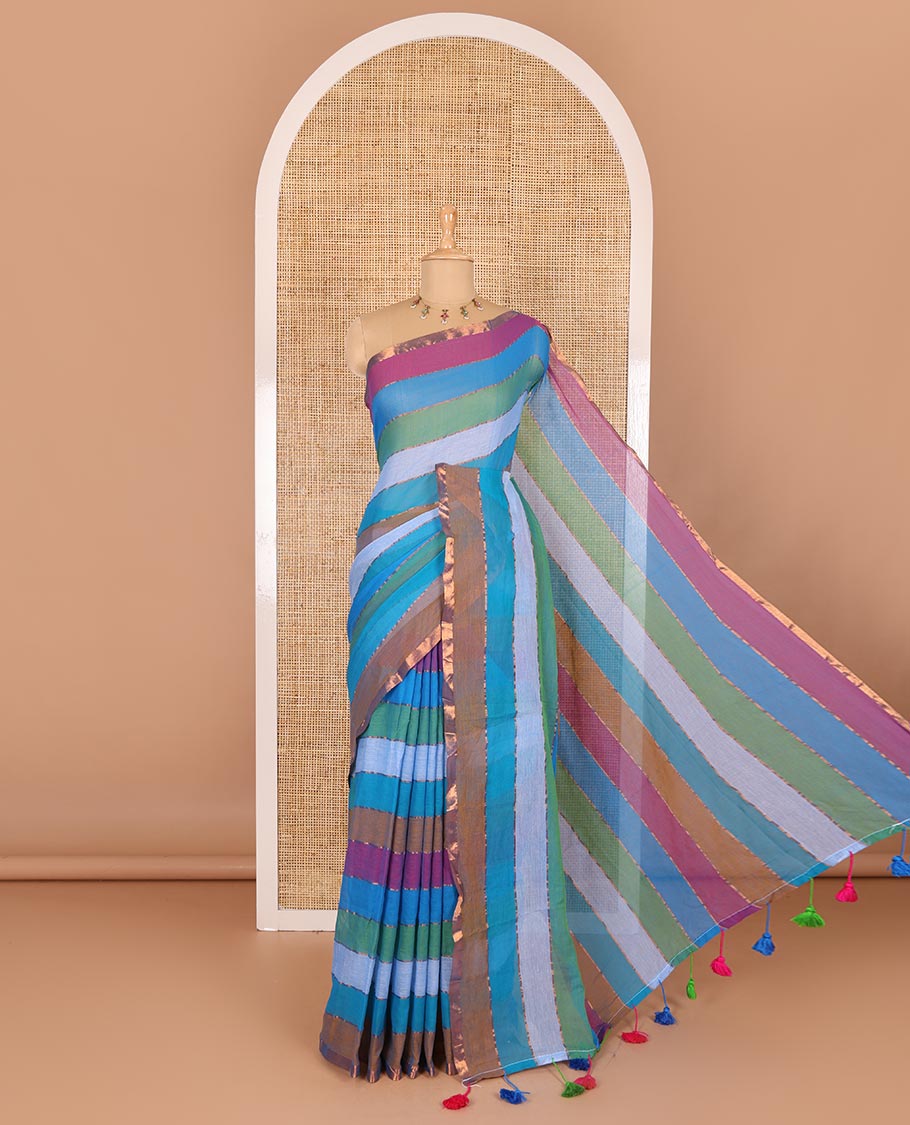 Blue rainbow-style striped Khadi mul cotton saree with piping zari border, and a matching zari striped blouse