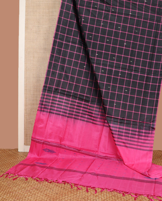Borderless Black Banana Pith Saree, Finely Designed with Butta Enclosed Checks All Over Its Body, Complemented by a Contrast Pallu Depicting Stripes and Buttas, and Paired with a Contrast Blouse