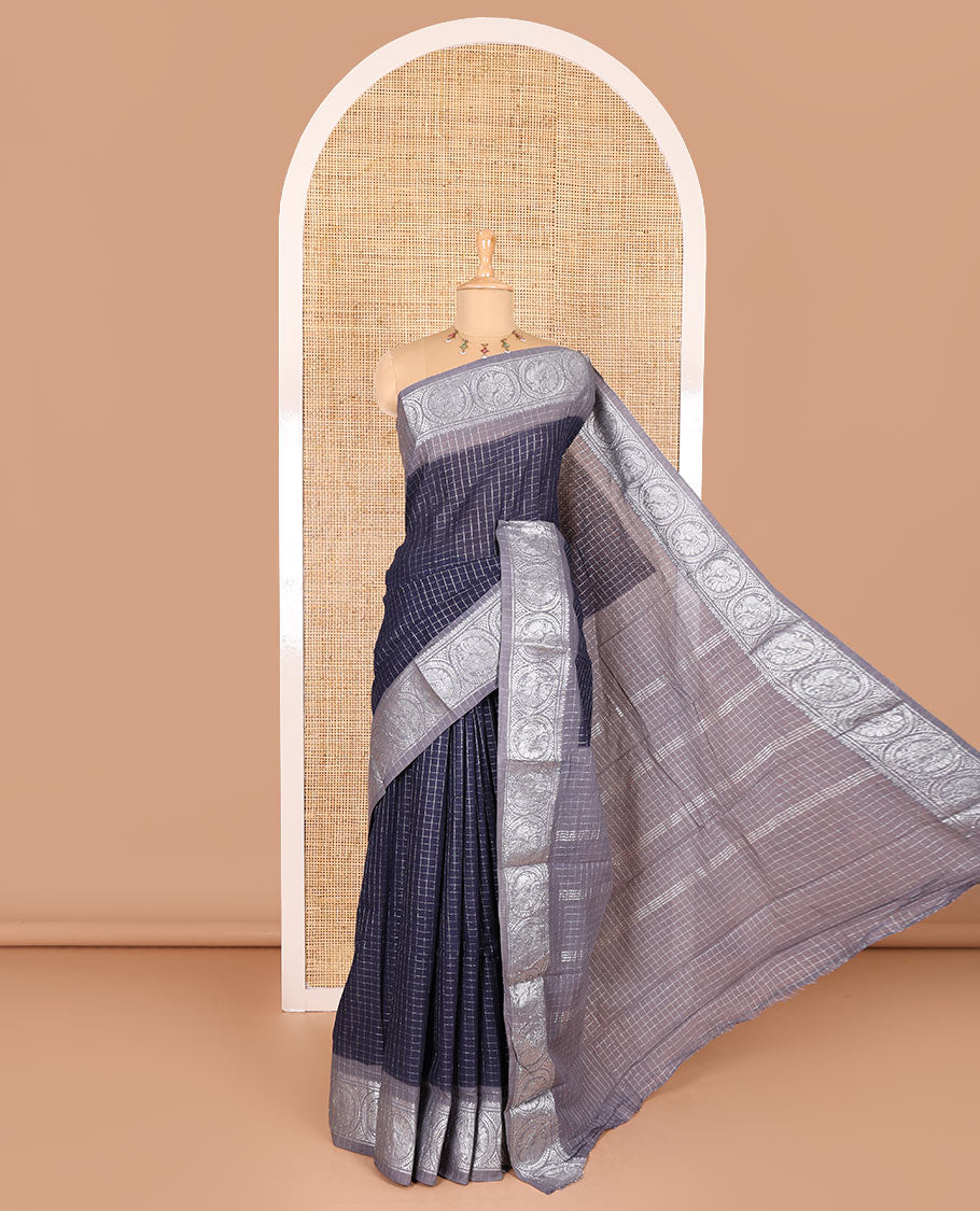 Navy blue and grey checked sungudi cotton saree, contrast silver zari round peacock border, striped pallu, and a contrast checked blouse