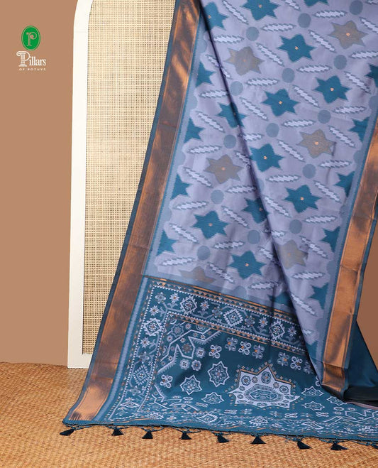 pastel shade pochmmpally ikkat design mulberry silk saree with zari katti border & zari ikkat desig pallu along with contrast blouse