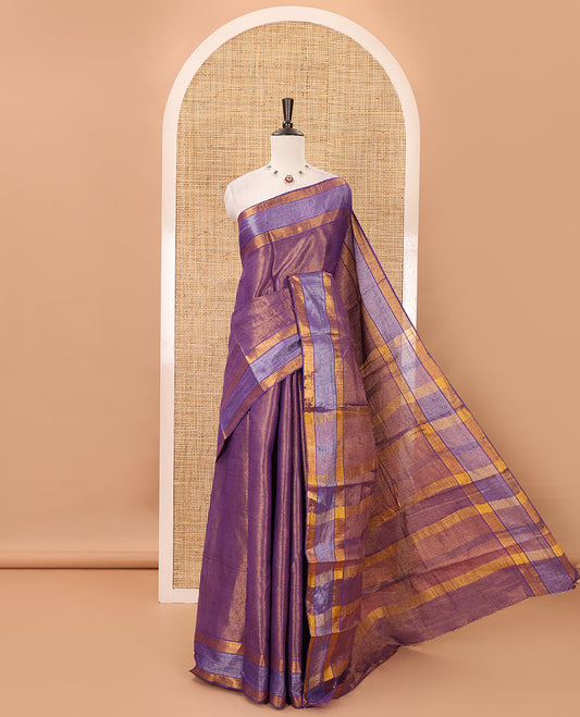 Purple gold zari tissue-style sungudi cotton saree, silver-lined border, silver-lined pallu & matching striped purple blouse