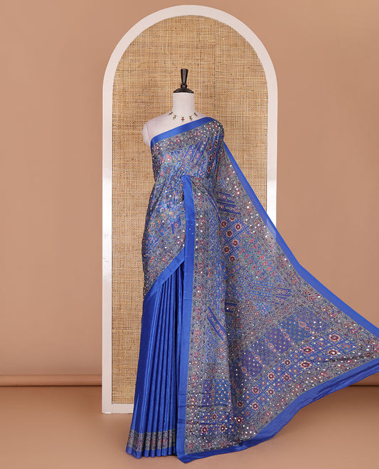 Blue kaleidoscopic colored intricate printed with mirrorwork masakali saree, printed border, print with mirror work pallu, and a matching blouse