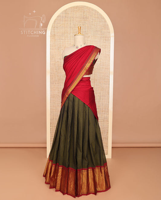 Olive green half saree with self zari design border, zari design blouse & plain, intricate zari design border dhavani