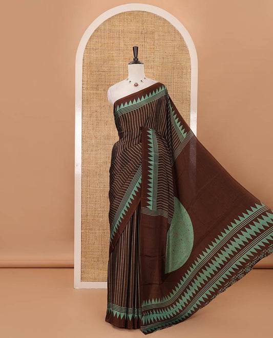 Brown vertical stripes printed Turkey crepe saree, temple printed border, geometric printed pallu & Ajrakh-printed blouse