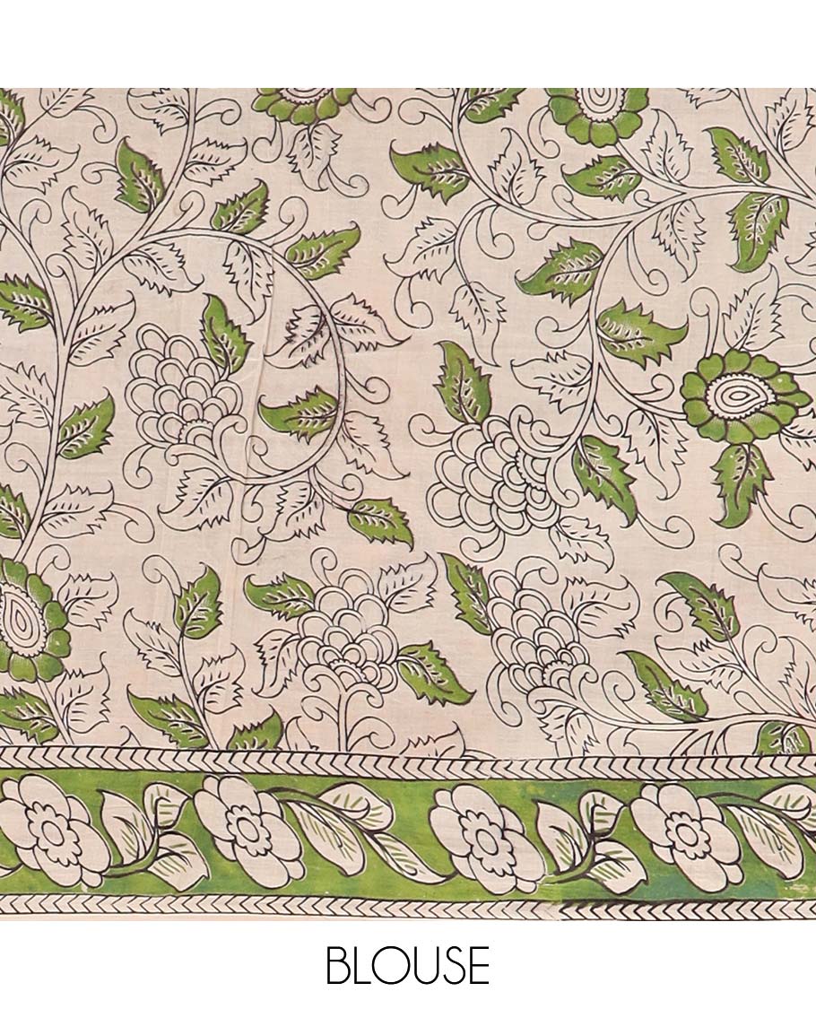 Cream floral vine design machine printed kalamkari cotton saree with contrast floral border & peacock pallu design
