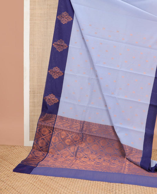 Lavender striped, floral design semisilk cotton saree with contrast floral design & checked floral design pallu