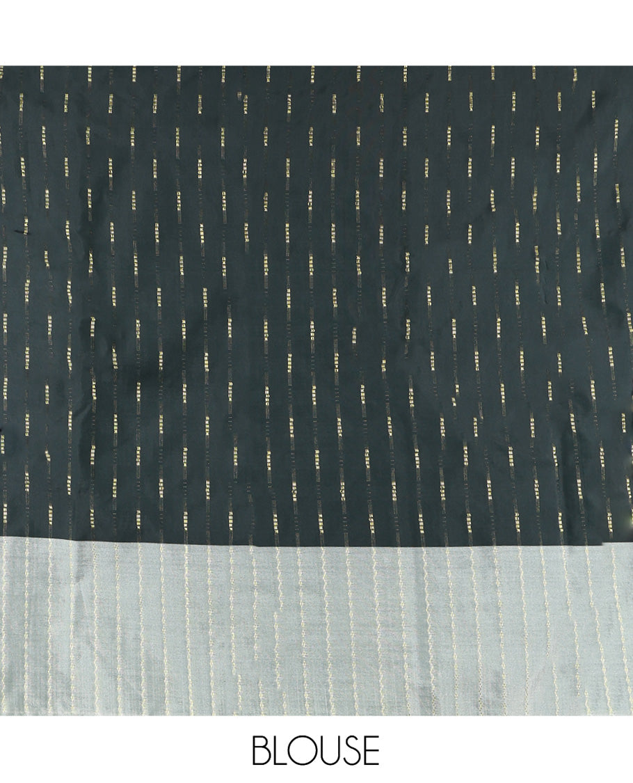Green Aarani Gift Saree, Steeped with Zari Buttas on Its Body, Complemented by a Contrast Zig-Zag Striped Border, Pallu of Stripes and Buttas, and Paired with a Matching Blouse