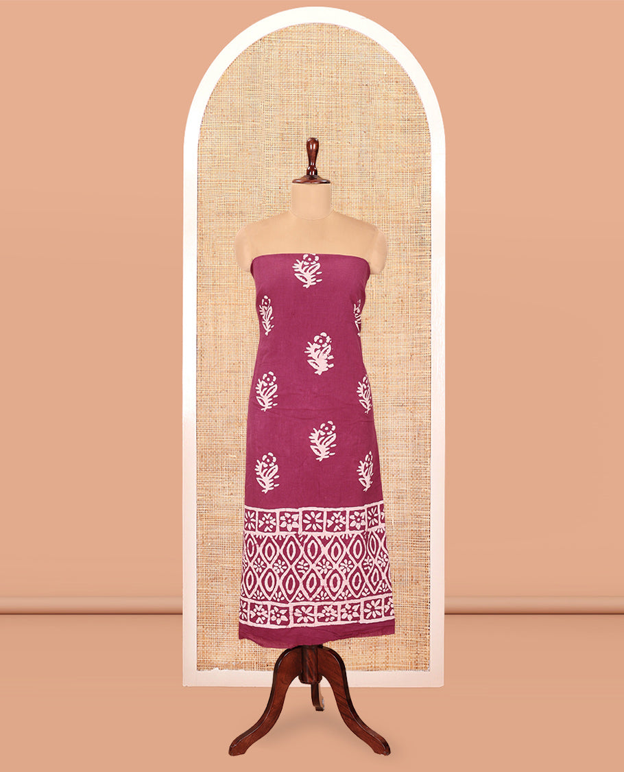 Purple Cotton Material Chudidar, Batik Printed Top, a Matching Bottom, and Batik Print Dupatta
