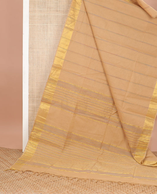 Brown striped jute cotton saree with self zari design border & sriped pallu