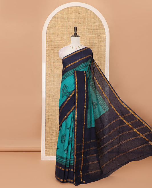 Rama green kolam motifs printed Sungudi cotton saree, contrast rettai pettu rudraksham motif border, striped pallu & contrast zari checked blouse
