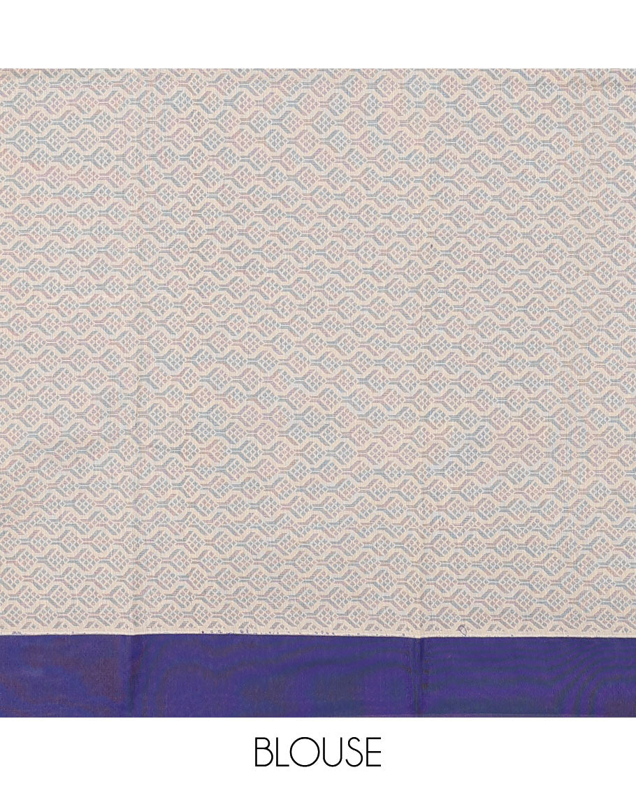 Cream Semi-Silk Cotton Saree, Bedecked with Unique Designs All Over Its Body, Complemented by a Contrast Border, Pallu of Intricate Designs, and Paired with a Matching Blouse