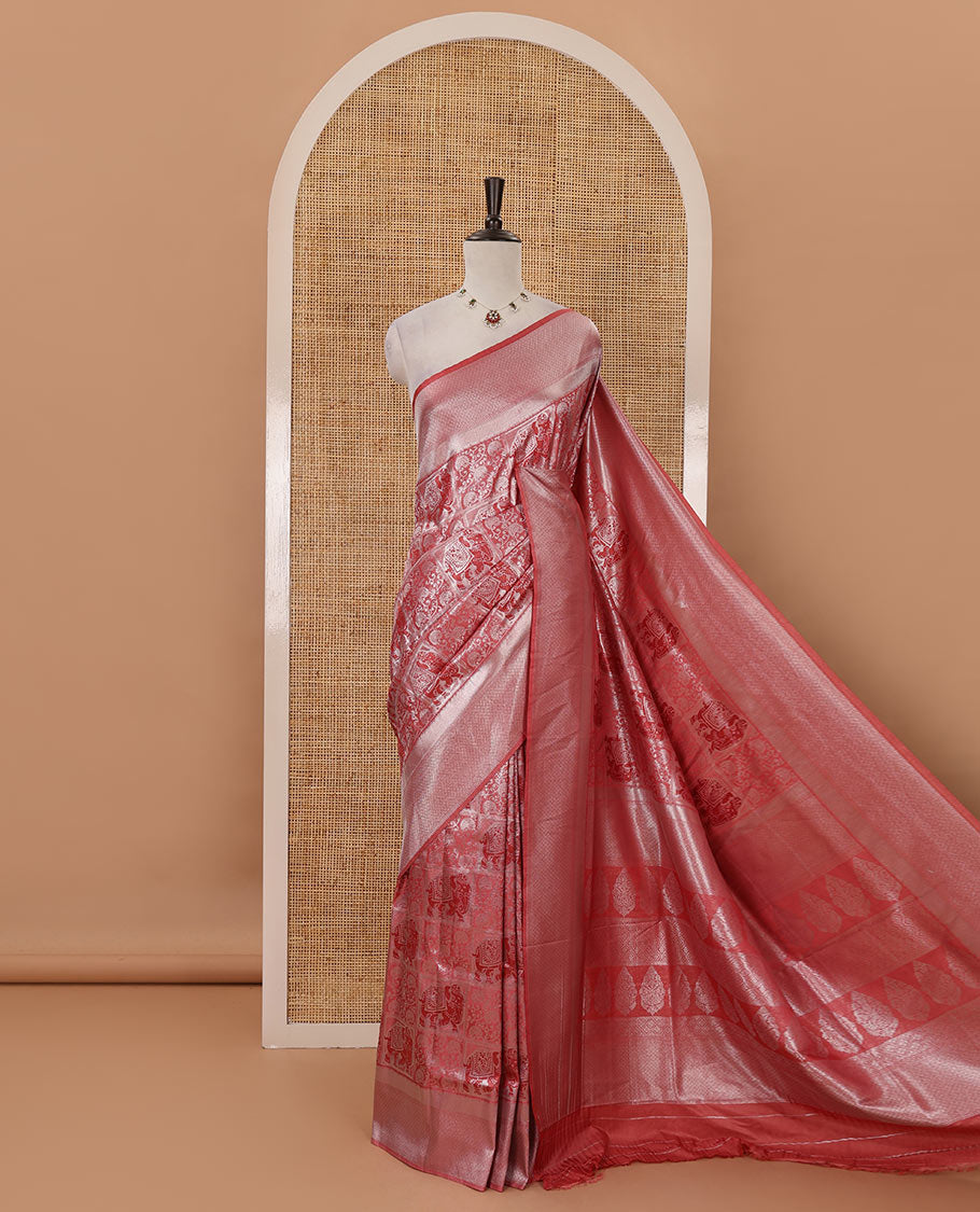 Onion pink floral & elephant jacquard softy saree, diamond design zari border, intricate pallu & matching jacquard blouse