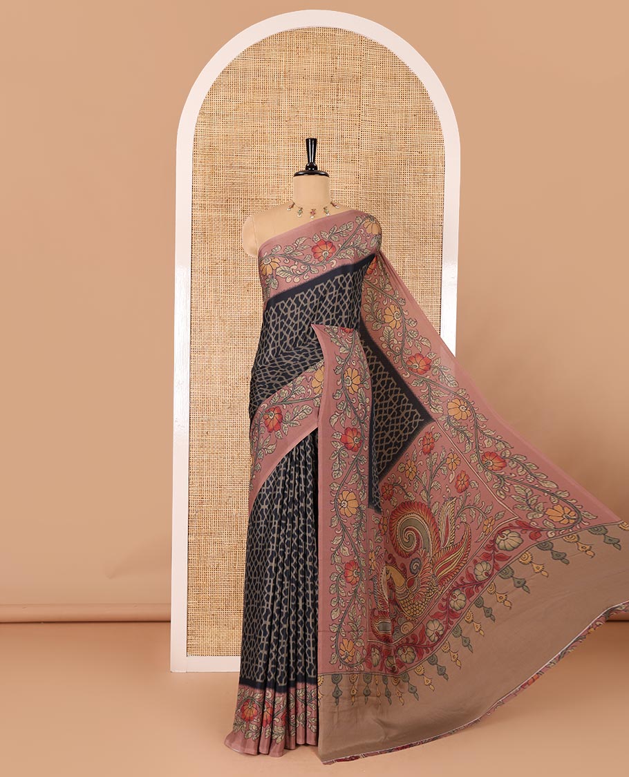 Black Abstract printed Italian crepe saree, contrast kalamkari floral vine printed border, kalamkari printed pallu, and kalamkari printed blouse