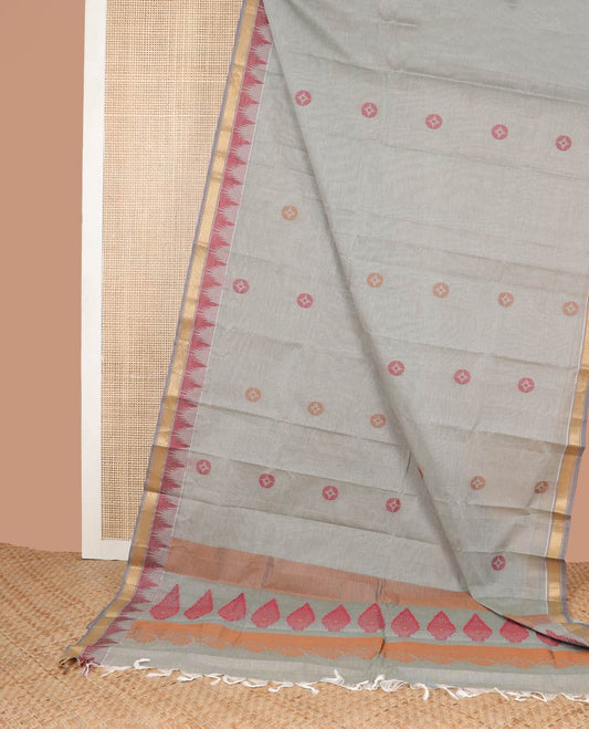 Grey geometric design kanchi cotton saree with contrast temple border & leaf design pallu