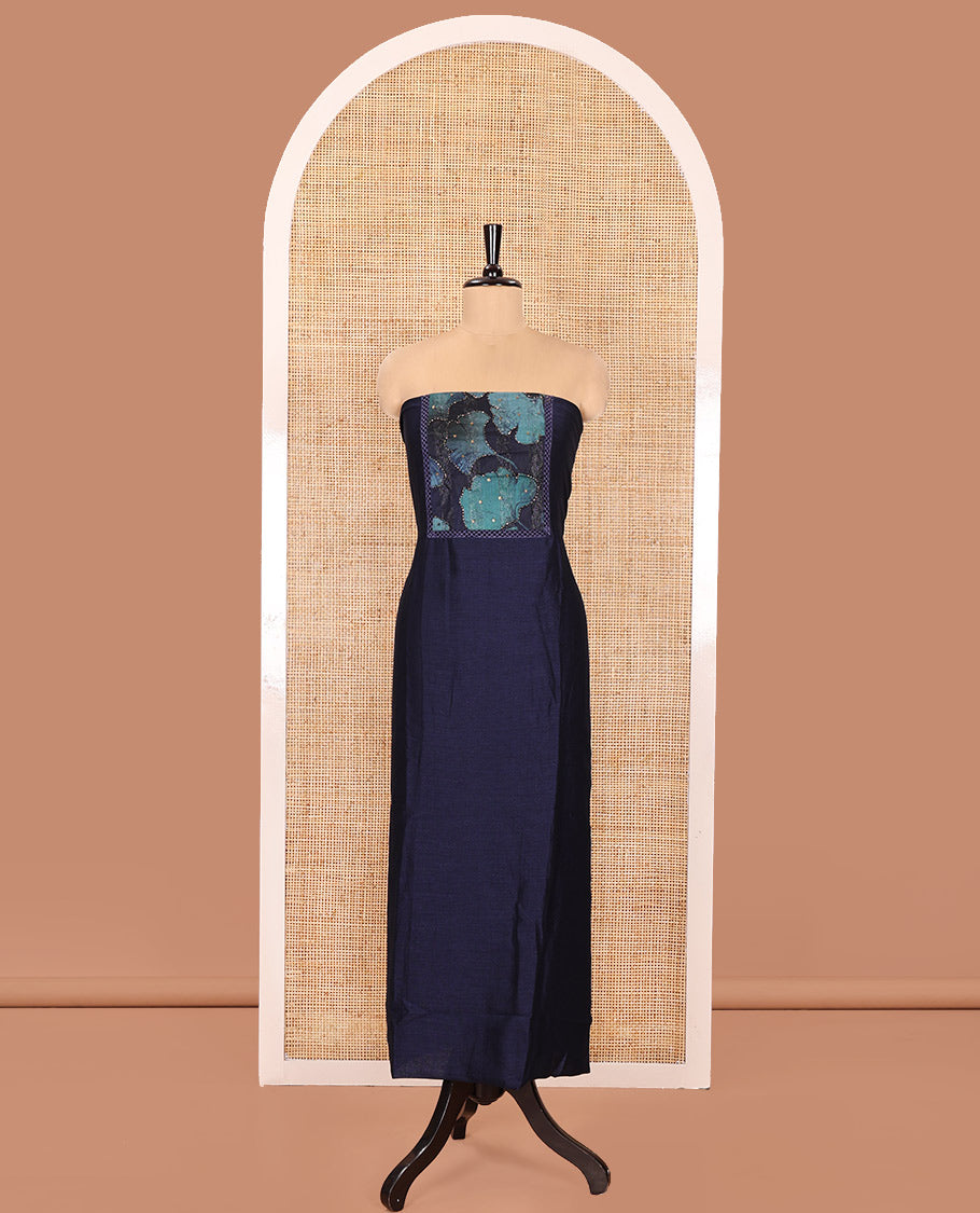 Blue Material Churidar Set, Elevated with Floral Printed Patch Embroidery Vichitra Silk Top, Comes with a Plain Santoon Bottom, and a Floral Printed Shimmer Georgette Dupatta