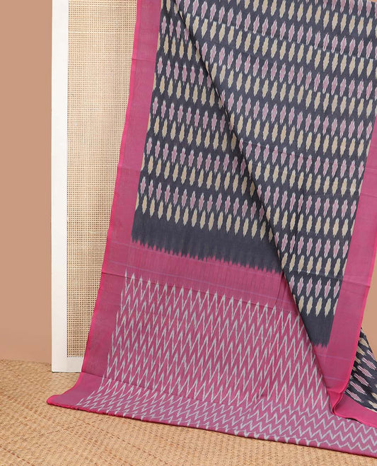 Blue motifs ikkat cotton saree with contrast border & chevron design pallu