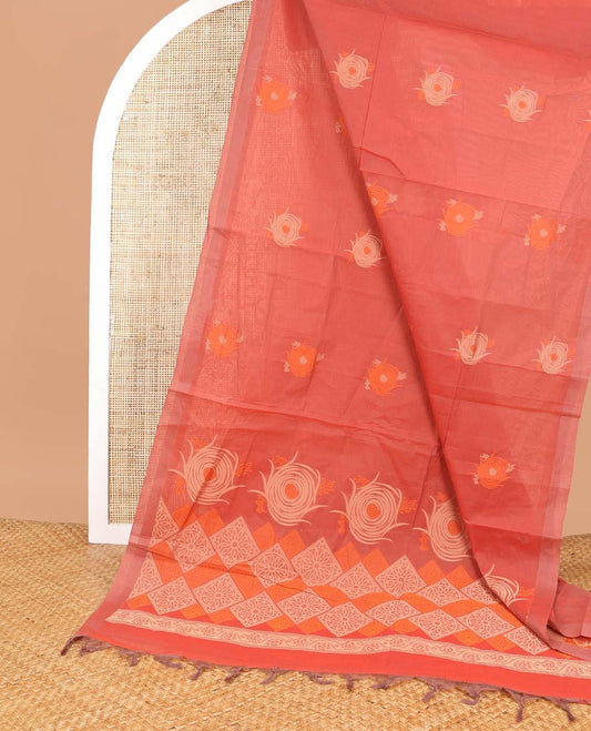 Red floral motifs coimbatore cotton saree with self border & geometric design pallu