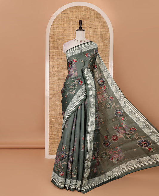 Olive green floral print & multi-color floral thread embroidered fancy tussar silk saree, triangle motif print & embroidered border & matching blouse of print & embroidery