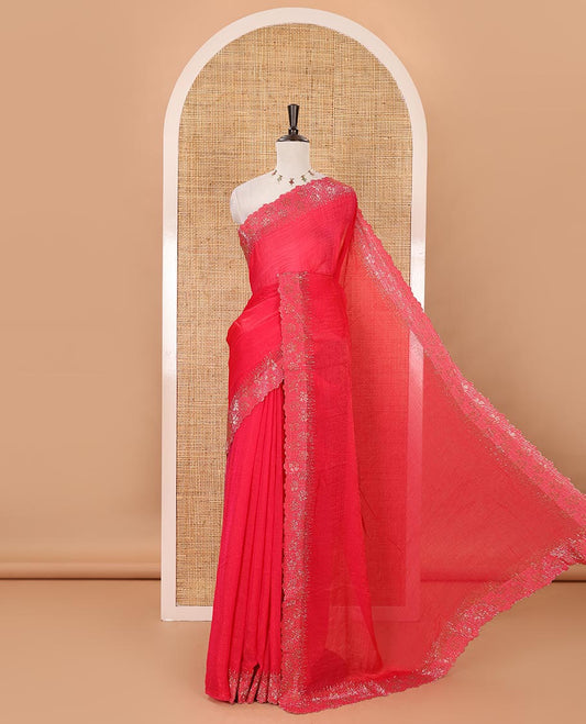 Rani pink full-plain Fendy satin saree, scallop floral micro-stone embroidered border, self-pallu & contrast stone work blouse