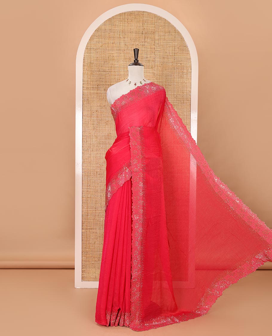 Rani pink full-plain Fendy satin saree, scallop floral micro-stone embroidered border, self-pallu & contrast stone work blouse