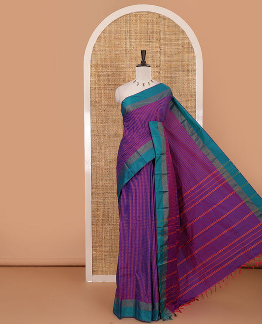 Violet plus thread buttas semi-soft saree, contrast zari satin border, striped pallu & contrast plain blouse