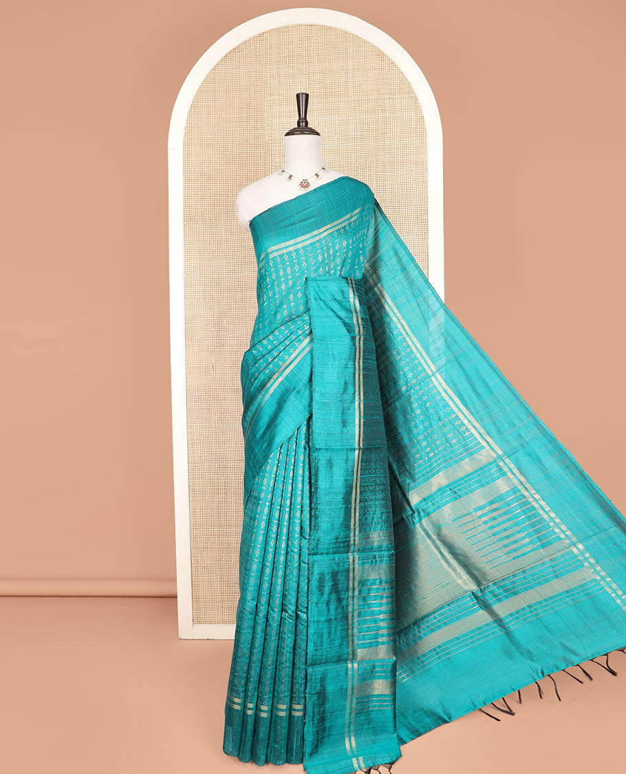 Blue Dupion Silk Saree, Prettified with Dobby-Style Buttas All Over Its Body, Zari Striped Border, Pallu of Zari Stripes, and Paired with a Matching Blouse
