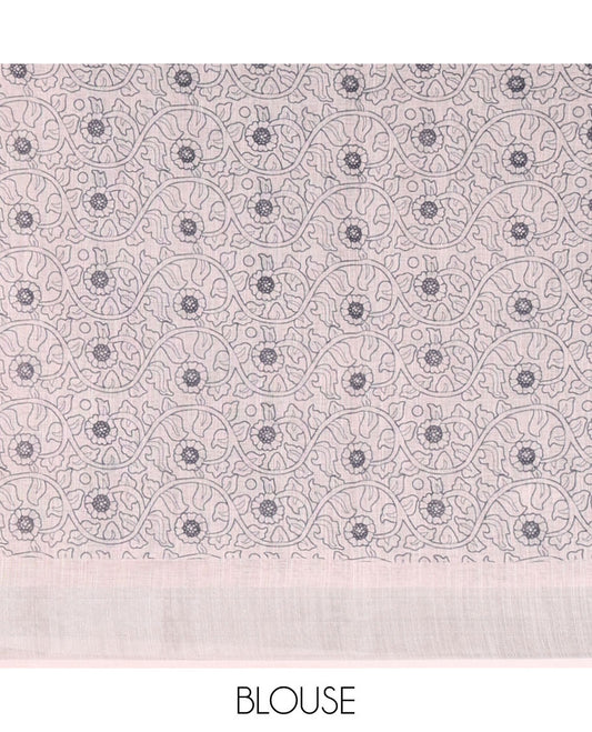 Black half-and-half kalamkari-style human figurines printed linen cotton saree, contrast bavanji border & peacock pallu