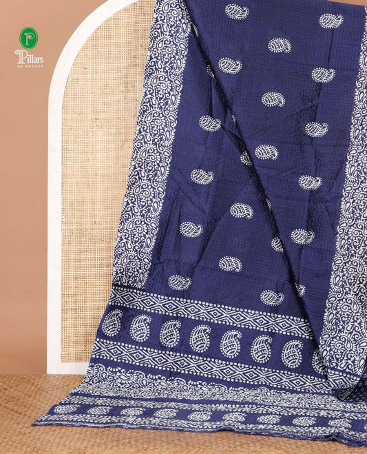 Navy blue mango motifs batik printed litch crushed saree, mango motif border, pallu of mango & geometric print & small butta print blouse