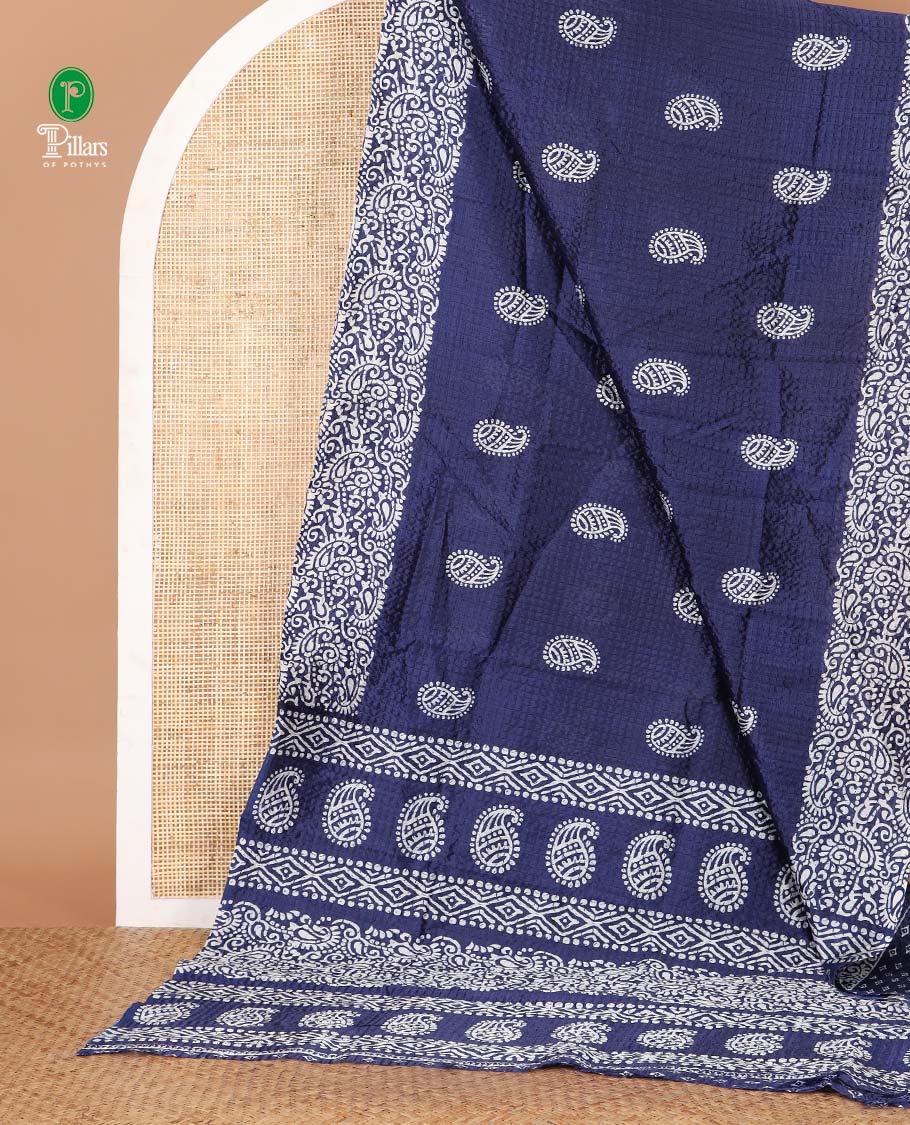 Navy blue mango motifs batik printed litch crushed saree, mango motif border, pallu of mango & geometric print & small butta print blouse