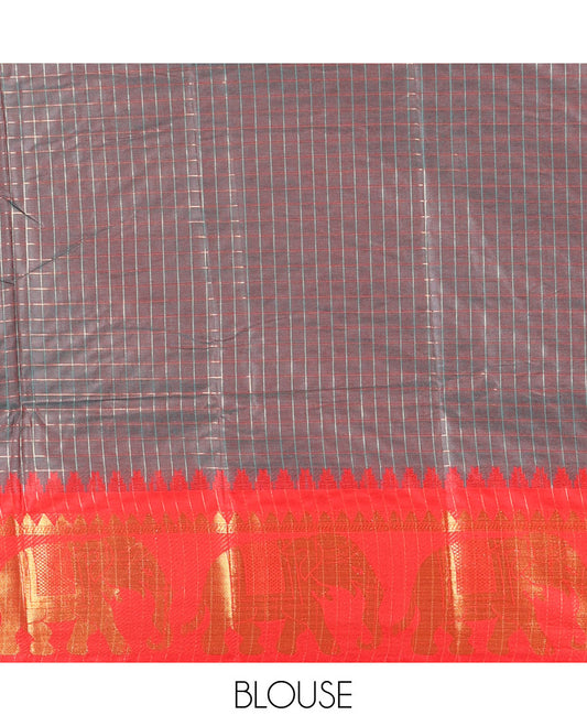 Peacock green zari checked semi-taffeta saree, contrast satin temple border of elephant motifs, striped pallu, and a contrast striped blouse