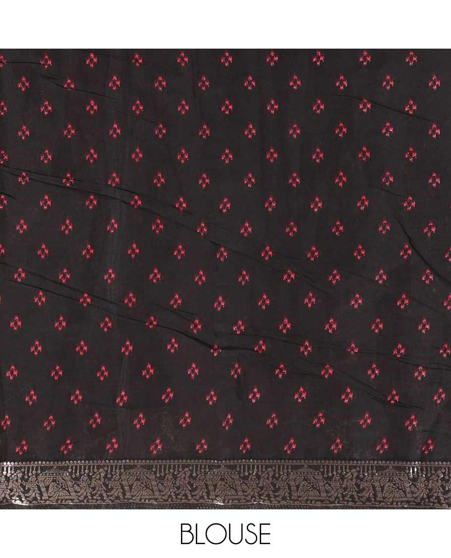 Red plain muslin cotton saree, contrast wedding-theme of floral and elephant motifs print, printed pallu, and a contrast buttas and zari bordered blouse