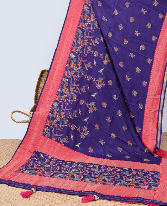Purple floral motifs embroidery semi-banaras dola silk saree with contrast zari border & floral vine embroidery pallu