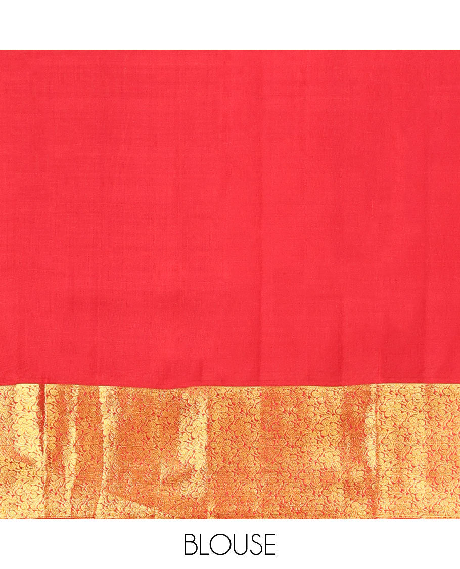 Red floral jacquard kancheepuram silk saree with self zari design border & pallu of argyle design