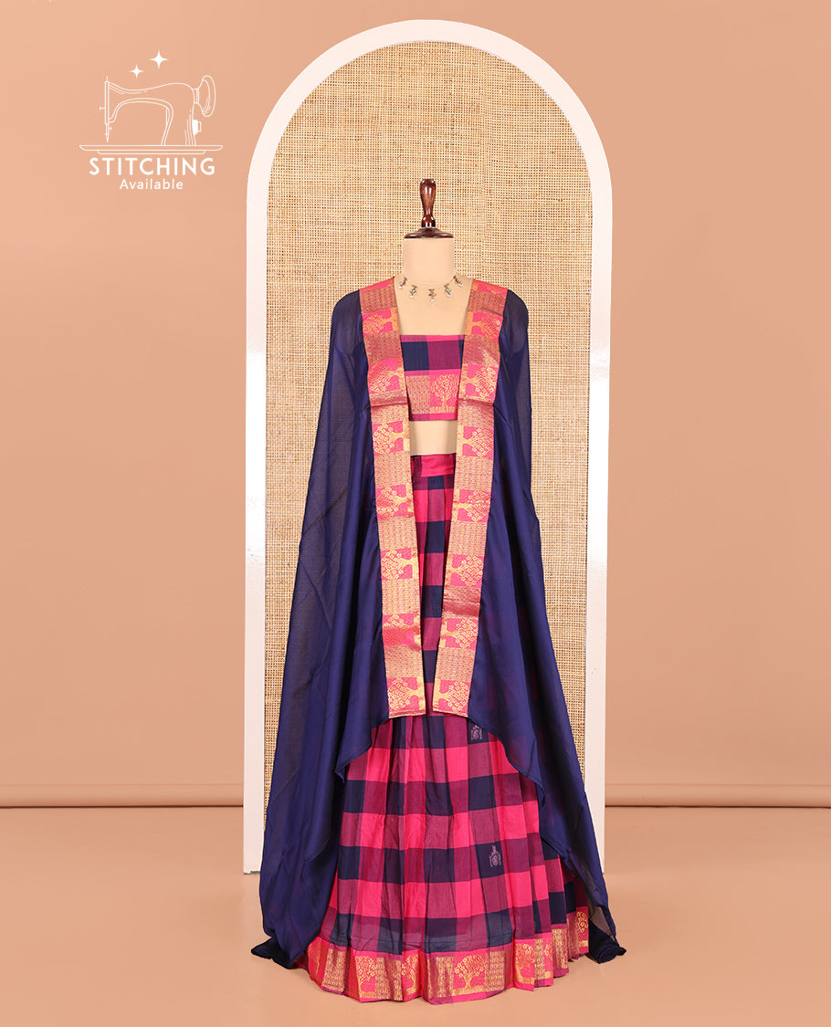 Rani-Navy Chettinad Cotton Half Saree Features Checks and Buttas Skirt, Tree Border, Matching Blouse, Contrast Dhavani