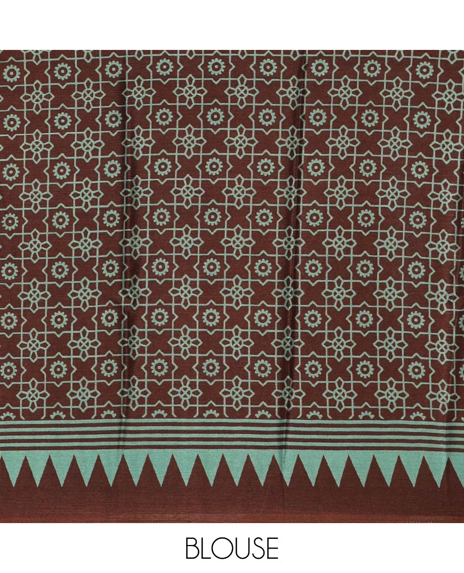 Brown vertical stripes printed Turkey crepe saree, temple printed border, geometric printed pallu & Ajrakh-printed blouse