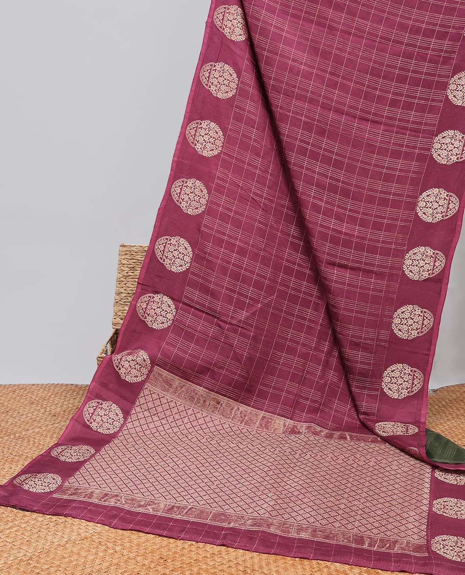 Maroon checked mushru silk saree with self-floral border & argyle design pallu