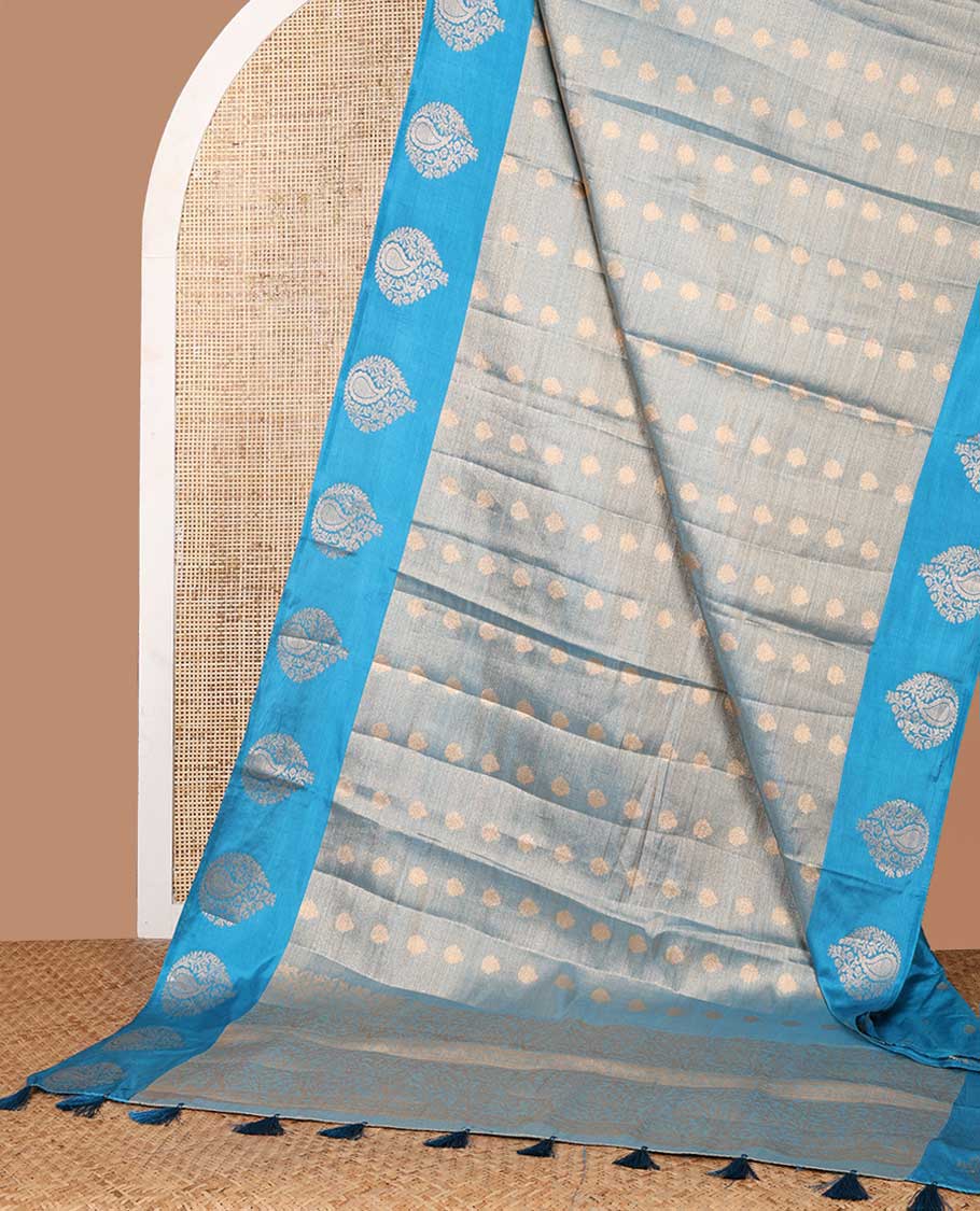 Blue zari butta design banaras tissue saree with butta border & rich brocade pallu along with running blouse