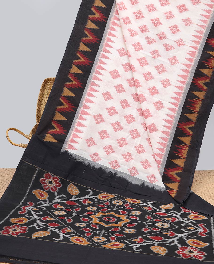 cream geometric design ikkat cotton saree with contrast triangle design border & floral vine design