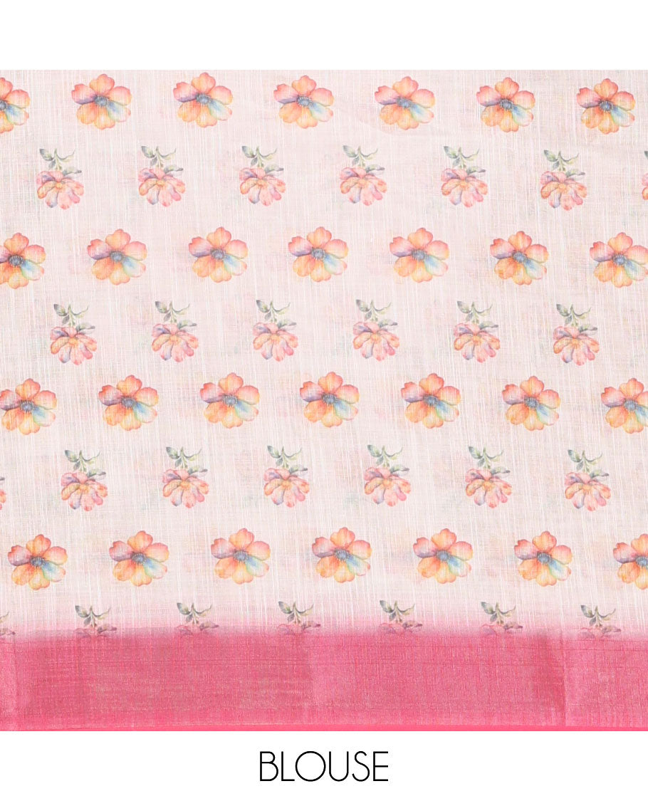 Cream-pink floral & sparrow printed linen saree, contrast zari border & floral motifs printed blouse