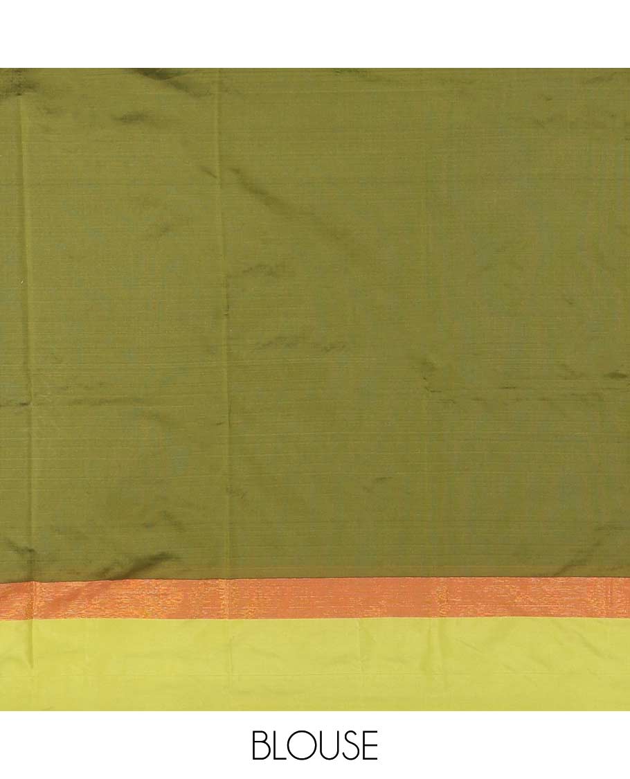 Navy blue-green plus-shaped buttas steeped semi-soft silk saree, contrast satin border of stripes, striped pallu, and contrast blouse