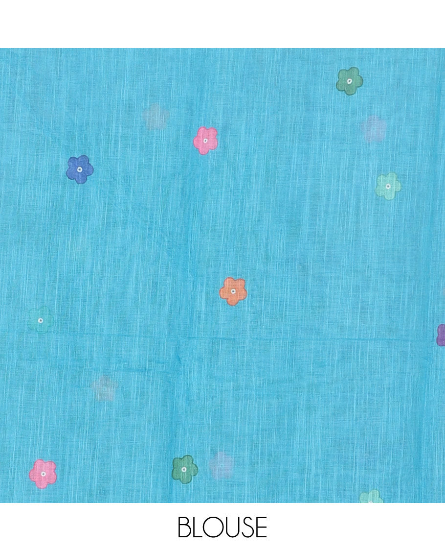 Borderless Yellow colorful five-petal flower motifs printed linen cotton saree, multi-color striped pallu, and contrast printed blouse