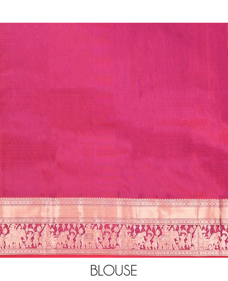 Red Kanchipuram Wedding Silk Saree, Majestically Detailed with Jacquard Design on Its Body, Highlighted by Zari Border of Rekku, Muthu, Kamalam, and Wedding-Themed Designs, Grand Pallu, and Paired with a Matching Blouse